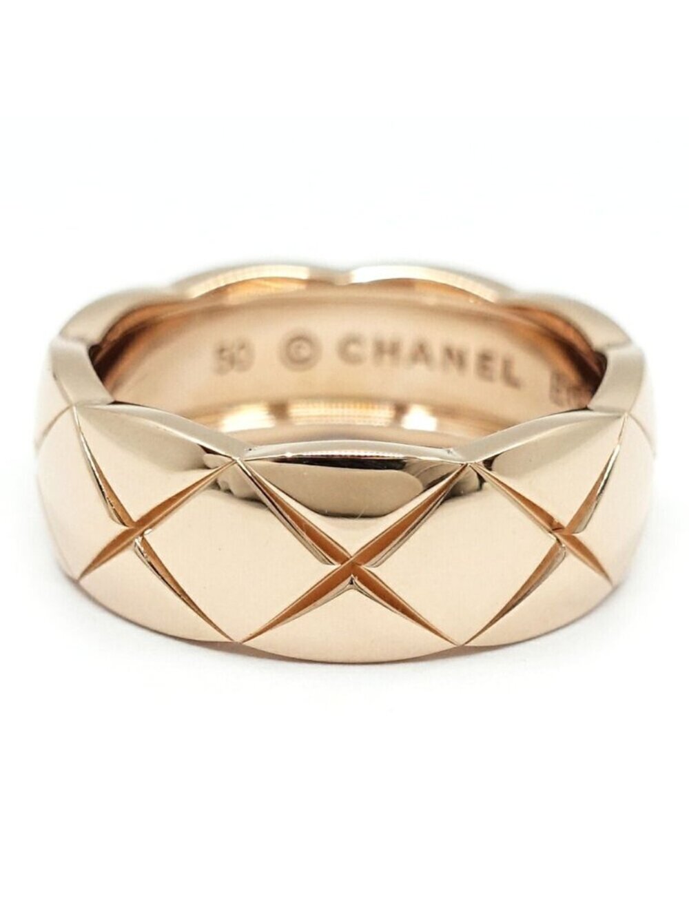 Chanel 18k Pink Gold Coco Crush Ring Quilted Beige